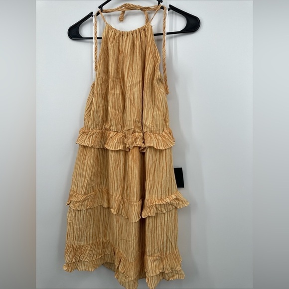 LULUS Dress Downright Darling Mustard Yellow Ruffled Striped Mini Sz L New - Picture 6 of 8